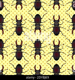 Fumetto colorato luminoso cervo di scarabeo su sfondo giallo. Ripetizione senza giunture. Illustrazione vettoriale in stile pop art. Texture per stampa, striscioni, tessuti, carta da imballaggio Illustrazione Vettoriale