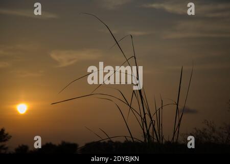 Colorato e magnifico tramonto in campagna sopra colline e campi, bellezza natura sfondo Foto Stock