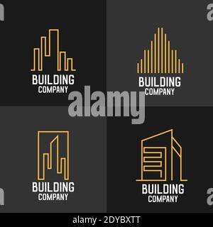 Set di logotipi immobiliari moderni. Logo icona casa d'oro isolato nero. Costruzione immobiliare oro segno architettura forma vettoriale illustrazione Illustrazione Vettoriale