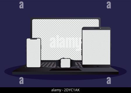 pacchetto di quattro icone di dispositivi elettronici mockup su sfondo blu disegno di illustrazione vettoriale Illustrazione Vettoriale