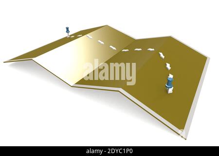 Immagine di una mappa pieghevole di un percorso dall'inizio alla fine con perni zigrinati, rendering 3D Foto Stock