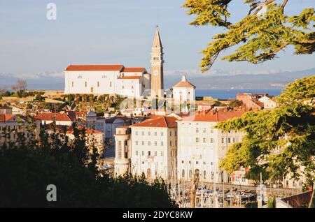 Tetti rossi del centro storico della città vecchia Piran con la chiesa principale contro il cielo tramonto e il mare Adriatico. Vista aerea, Slovenia Foto Stock