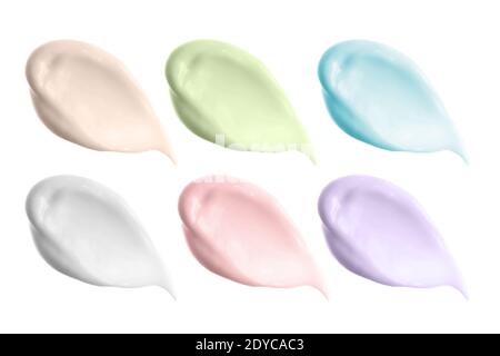 Set isolato di sbavature di crema. Consistenza del latte per il corpo. Lozione, idratante. Bellezza prodotto cosmetico cura della pelle varietà di gocce diverse. Foto Stock