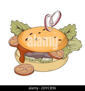 Burger o hamburger emblema colorato o logo incisione vettore illustrazione isolato. Illustrazione Vettoriale