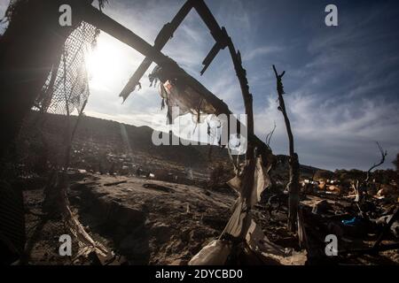 Il vecchio accampamento di Moria bruciato, Lebos settembre 2020 Foto Stock