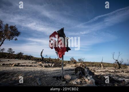 Il vecchio accampamento di Moria bruciato, Lebos settembre 2020 Foto Stock