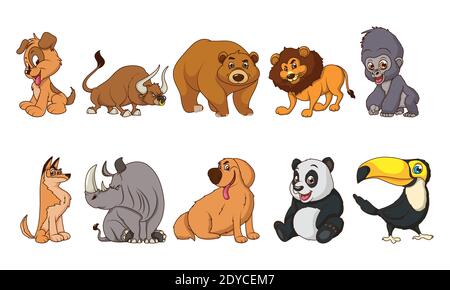 gruppo di dieci animali fumetti cartoni animati disegno vettoriale illustrazione Illustrazione Vettoriale