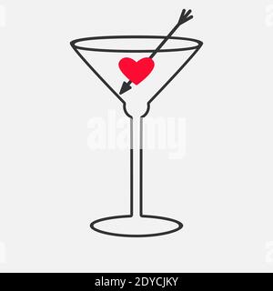 Icona del bicchiere da cocktail, bevanda alcolica, Martini secco con il simbolo del cuore rosso, freccia, illustrazione del contorno Illustrazione Vettoriale