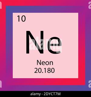 Tabella periodica elementi chimici Neon NE. Illustrazione vettoriale a elemento singolo, icona dell'elemento gas Noble con massa molare e numero atomico. Illustrazione Vettoriale