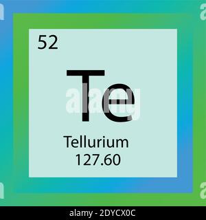 Tabella periodica degli elementi chimici del tellurio TE. Illustrazione vettoriale a elemento singolo, icona elemento semi-metallico con massa molare e numero atomico Illustrazione Vettoriale