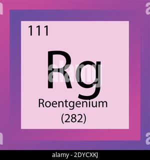 RG Roentgenium Tabella periodica degli elementi chimici. Illustrazione vettoriale a elemento singolo, icona elemento con massa molare e numero atomico. Illustrazione Vettoriale