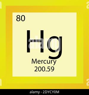 Hg Mercury Chemical Element Tavola periodica. Illustrazione vettoriale a elemento singolo, icona dell'elemento dei metalli di transizione con massa molare e numero atomico. Illustrazione Vettoriale