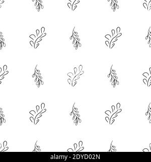 Doodle semplice vettore modello senza giunture di foglie disegnate a mano. Modello senza giunture di rami disegnati a mano. Grande set floreale botanico. Isolato su sfondo bianco Illustrazione Vettoriale