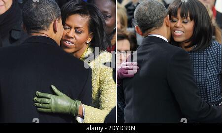 Immagine composita della prima (a sinistra) e seconda inaugurazione del presidente Barack Obama a fianco della First Lady Michelle a Washington, DC, USA, il 20 gennaio 2009 e il 21 gennaio 2013. Foto di Hahn-JMP-Douliery/ABACAPRESS.COM Foto Stock