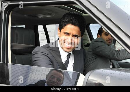 Il Presidente del consiglio del PSG Nasser al Khelaifi arriva per una sessione di formazione al Camp Des Loges di Saint-Germain-en-Laye, vicino a Parigi, Francia, il 31 gennaio 2013. Foto di Thierry Plessis/ABACAPRESS.COM Foto Stock