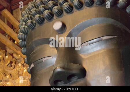 Giappone Nara dettaglio della statua di bronzo più grande del mondo del Buddha Vairocana nella Grande Sala del Buddha (Daibutsuden) presso il complesso del Tempio Todaiji. Foto Stock