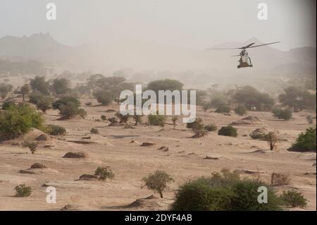 File photo - Handout photo rilasciato dall'esercito francese il 14 marzo mostra elicotteri Puma nella regione settentrionale del Mali di Adrar des Ifoghas l'8 marzo 2013. Le truppe francesi e Chadiane impegnate in AFISMA, la missione africana di oltre 6,000 soldati, continuano a combattere gli islamisti radicati nelle montagne dell'Ifoghas nordorientale. - l'esercito francese ha annunciato la 'neutralizzazione' in Mali, dalla forza barkhane di Bah ag Moussa, leader militare del Rally per la vittoria dell'Islam e dei Musulmani (RVIM), un gruppo affiliato con al-Qaeda, e uno dei quadri storici del movimento jihadista nel Foto Stock