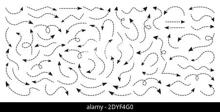 Frecce nere che disegnano a mano infografica, linea tratteggiata impostata. Raccolta puntatore con diverse direzioni. Vari curvi, arcuati artistico irregolare forme cursore freccia. Elementi di progettazione del segnale vettoriale Illustrazione Vettoriale