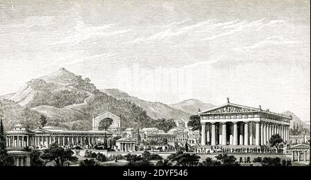 Vista di Olympia restaurata da R Bohn. Gli edifici principali di questa fine del 1900, che raffigura l'antica città greca di Olimpia, sono, da sinistra a destra: Phillippeum, Heraeum, Exedra di Erode Attico, Metroon, Treasuries, e Tempio di Zeus, sullo sfondo a sinistra si trova il Pelopio. La prima registrazione dei partecipanti alle Olimpiadi risale al 776 a.C. i Giochi si tennero ogni quattro anni. La Footrace era la gara più antica, e ci sono state diverse corse di lunghezza - la più veloce e più antica è stato lo stade, che era una distanza di c. 200 metri circa. Alcune corse hanno chiesto che i corridori siano armati. Foto Stock