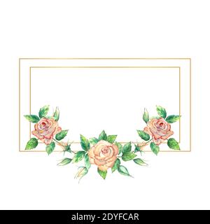 Cornice geometrica in oro decorata con fiori. Rose di pesca, foglie verdi, fiori aperti e chiusi. Illustrazione acquerello Foto Stock