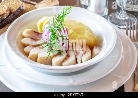 Fette di aringhe salate e patate bollite, con aneto e anelli di cipolla sul piatto bianco in ceramica. Menu del ristorante e servizio. Foto Stock