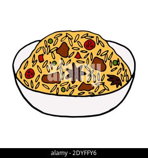 Vettore mano doodle biryani disegnati a mano. Piatto di cucina indiana. Progettare un elemento di schizzo per menu cafè, ristorante, etichetta e imballaggio. Illustrazione colorata su Illustrazione Vettoriale