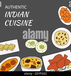 Vettore disegnato a mano di poster della cucina indiana con curry, sesamo barfi, malai kofta, navratan korma, pakora, rasmalai, pollo tandoori. Disegno schizzo el Illustrazione Vettoriale