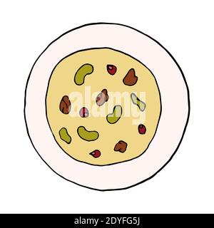Vettore Doodle disegnato a mano navratan korma. Piatto di cucina indiana. Progettare un elemento di schizzo per menu cafè, ristorante, etichetta e imballaggio. Illustrazione colorata Illustrazione Vettoriale