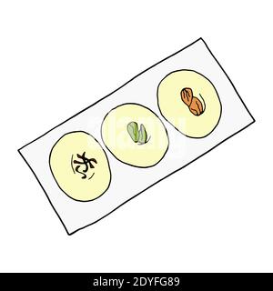 Vettore mano doodle disegnato sandesh. Dessert indiano. Progettare un elemento di schizzo per menu cafè, ristorante, etichetta e imballaggio. Illustrazione colorata su un whi Illustrazione Vettoriale