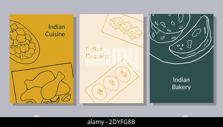 Set di poster disegnati a mano con pakora, tandoori di pollo, sesamo barfi, sandesh, naan. Design sketch elemento per menu cafè, bistrot, ristorante, panetteria e. Illustrazione Vettoriale