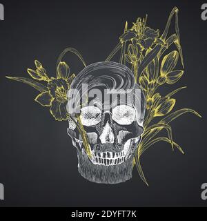 Disegno a mano cranio umano con barba e baffi in corona di fiori. Giallo gigli Funny personaggio gesso grafica incisione arte isolato su Illustrazione Vettoriale