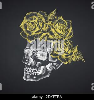Disegno a mano cranio umano con corona di fiori. Rosa gialla personaggio divertente gesso grafico incisione arte isolato su sfondo lavagna Illustrazione Vettoriale