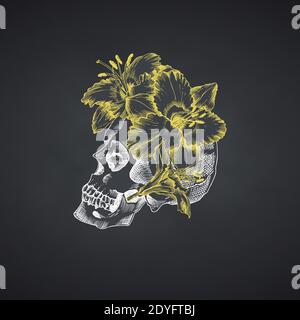 Schizzo disegnato a mano cranio umano in corona di fiori. Giallo gigli Funny carattere gesso grafico incisione arte isolato su sfondo lavagna Illustrazione Vettoriale