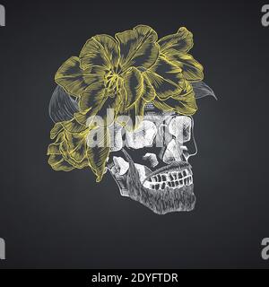 Disegno a mano cranio umano con barba e baffi in corona di fiori. Tulipani gialli carattere divertente gesso grafico incisione arte isolato sopra Illustrazione Vettoriale