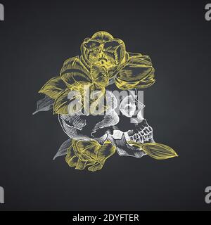 Disegno a mano cranio umano con barba e baffi in corona di fiori. Tulipani gialli carattere divertente gesso grafico incisione arte isolato sopra Illustrazione Vettoriale