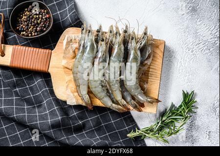 Gamberi di tigre, gamberetti e spezie freschi e crudi. Sfondo grigio. Vista dall'alto Foto Stock