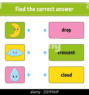 Trovare la risposta corretta. Tracciare una linea. Parole di apprendimento. Foglio di lavoro per lo sviluppo dell'istruzione. Pagina delle attività per lo studio dell'inglese. Gioco per bambini. Caratteristiche divertenti Illustrazione Vettoriale