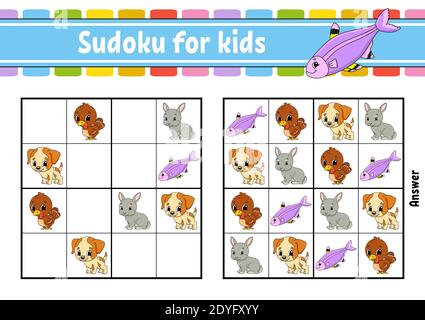 Sudoku for kids. Education developing worksheet. Activity page with pictures. Puzzle game for children and toddler. Logical thinking training. Isolate Stock Vector