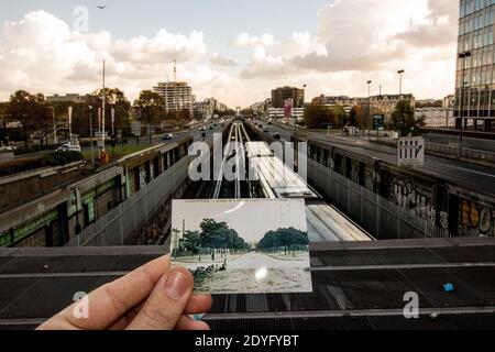 Prima-dopo / la Défense. Photos anciennes du quartier de la Défense à Paris remises dans leur contexte actuel. Avant-Après / la Défense. Vecchia foto Foto Stock