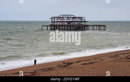 Brighton UK 26 dicembre 2020 - UN camminatore di cane di Boxing Day sulla spiaggia di Brighton vicino al molo ovest durante il tempo sordo lungo la costa meridionale mentre Storm Bella si avvicina alla Gran Bretagna : Credit Simon Dack / Alamy Live News Foto Stock