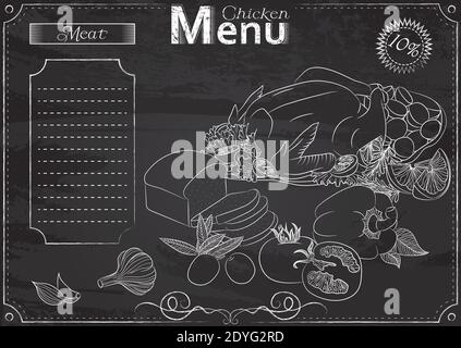 Modello vettoriale con elementi di pollo per menu stilizzato come gesso disegno su lavagna.Design per un ristorante, caffè o bar Illustrazione Vettoriale