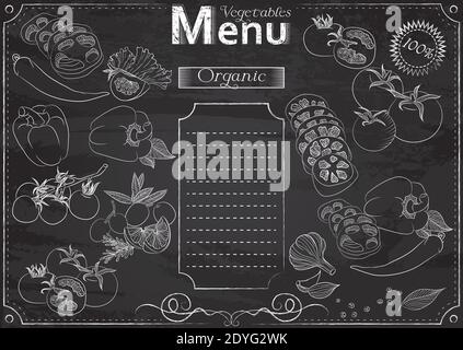 Modello vettoriale con elementi vegetali per menu stilizzato come disegno in gesso su lavagna.Design per un ristorante, un bar o un bar Illustrazione Vettoriale