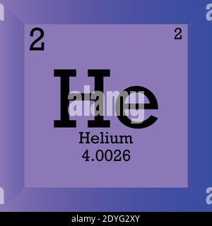 HE Tabella periodica degli elementi chimici dell'elio. Illustrazione vettoriale singolo, icona elemento con massa molare, numero atomico e conn. Elettronico Illustrazione Vettoriale