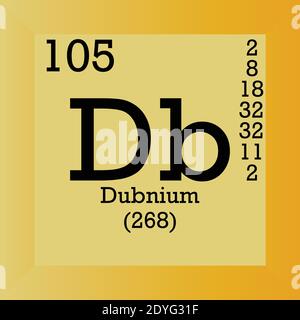 DB Dubnium Tabella periodica degli elementi chimici. Illustrazione vettoriale singolo, icona elemento con massa molare, numero atomico e conn. Elettronico Illustrazione Vettoriale