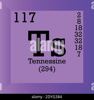 Tabella periodica degli elementi chimici Tennessine. Illustrazione vettoriale singolo, icona elemento con massa molare, numero atomico e conn. Elettronico Illustrazione Vettoriale