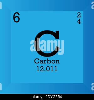 C Tabella periodica elementi chimici in carbonio. Illustrazione vettoriale singolo, icona elemento con massa molare, numero atomico e conn. Elettronico Illustrazione Vettoriale