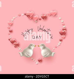Carta San Valentino. Una forma a cuore formata da cuori rosa, uccelli in porcellana e perle Illustrazione Vettoriale