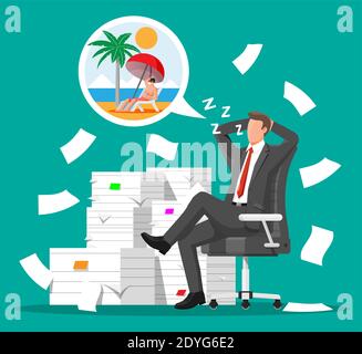 Il carattere dell'uomo d'affari dorme in mazzo di carte. Uomo d'affari stanco o lavoratore d'ufficio che dorme sul posto di lavoro. Stress sul lavoro. Burocrazia, documentazione, scadenza. Illustrazione vettoriale in stile piatto Illustrazione Vettoriale