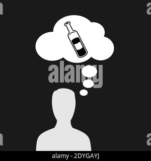 Problema di alcolismo e dipendenza da alcol. L'alcolic sta pensando all'alcool e alla bevanda alcolica bevente. Illustrazione vettoriale di uomo con comic b Foto Stock