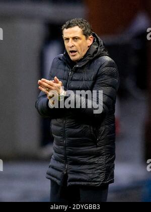 Ibrox Stadium, Glasgow, Scozia, Regno Unito. 26 Dicembre 2020 Jack Ross Hibernian Manager durante il gioco di premiership Scozzese contro Rangers e Hibernian Credit: Alan Rennie/Alamy Live News Foto Stock